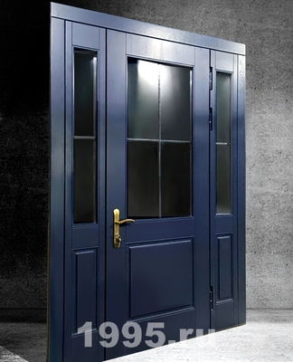 Полуторная дверь МДФ RAL синяя с остеклением и вставкой